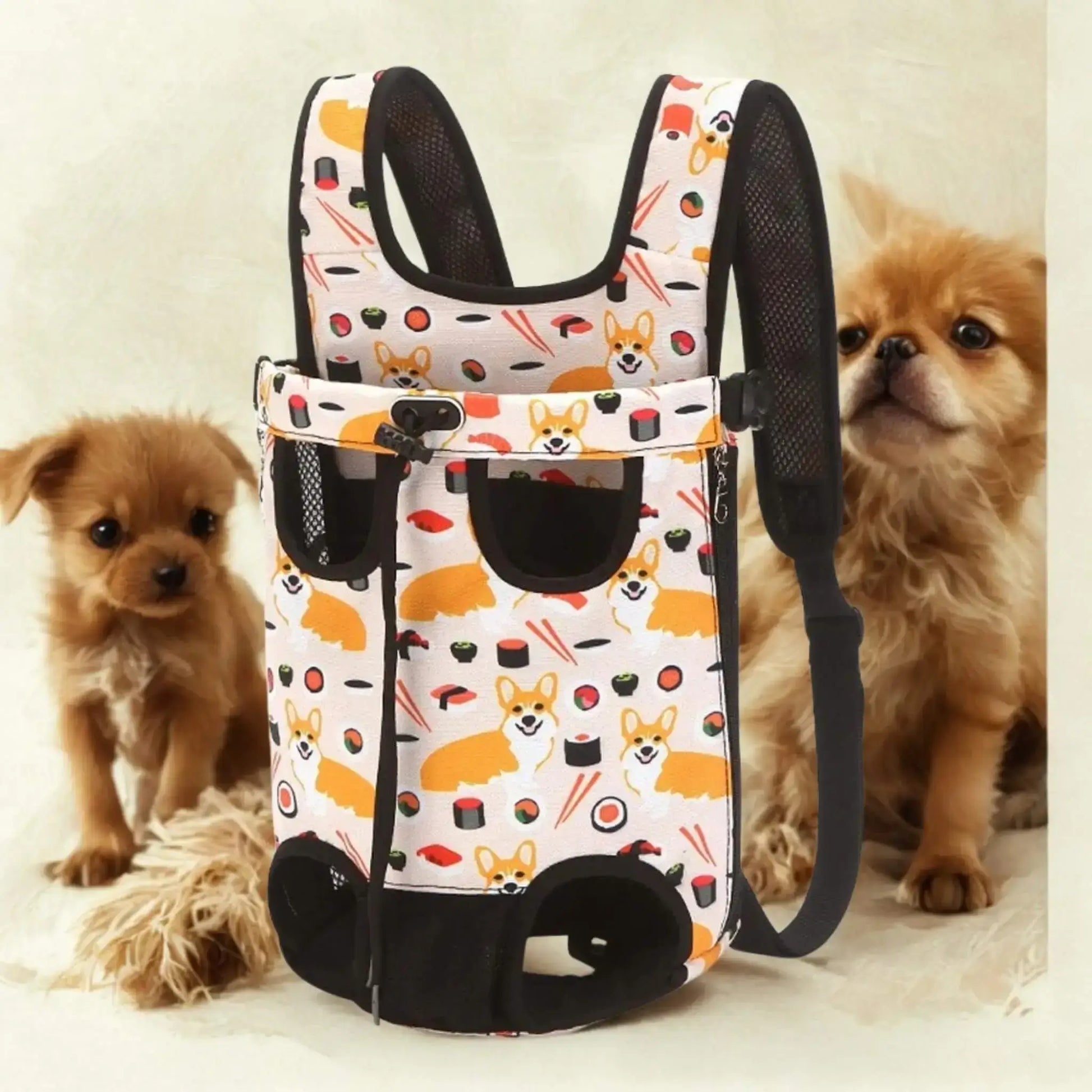 Un sac à dos pour chien blanc orné de corgis sushi avec des chiens de chaque côté.
