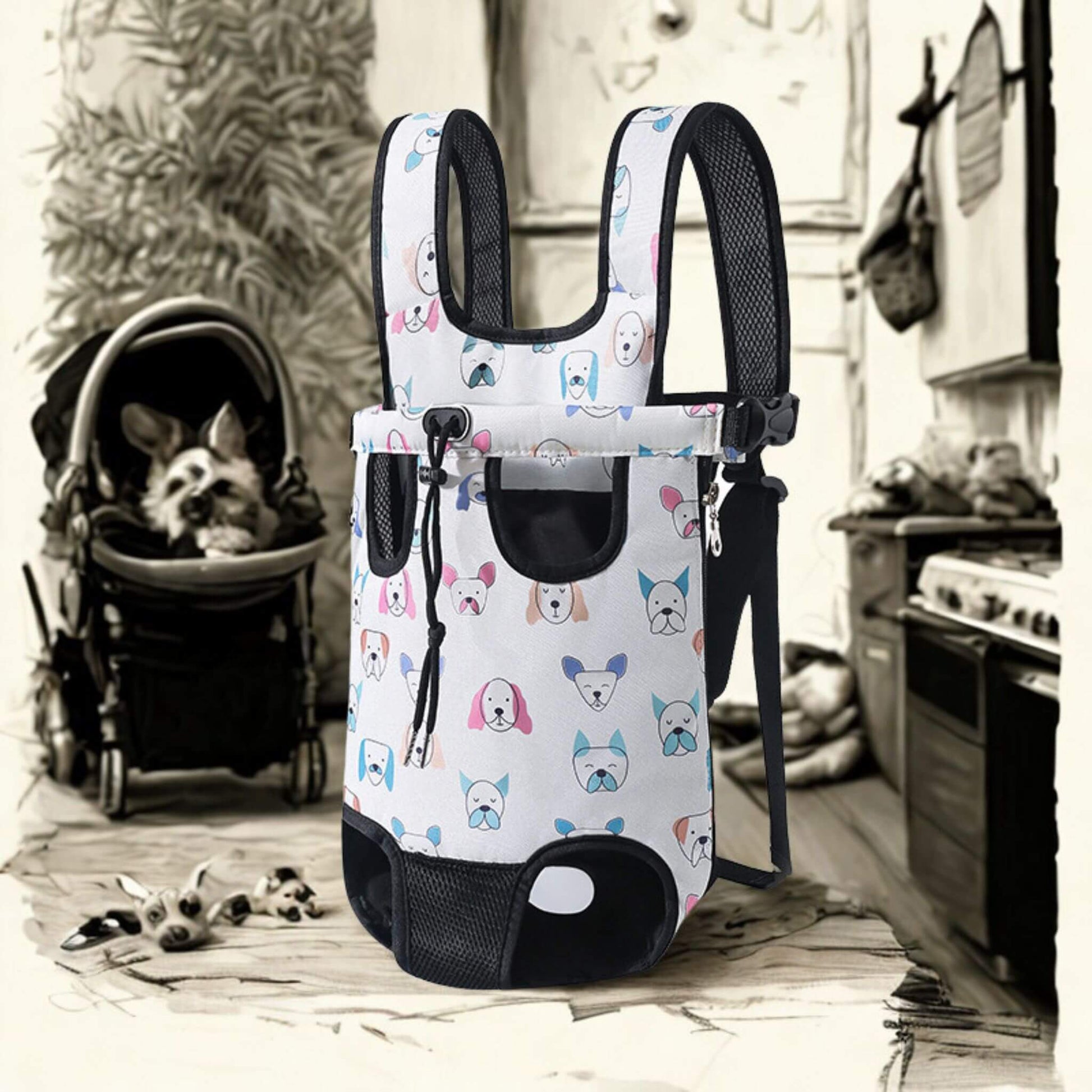 Un sac à dos blanc avec tête de chien dessinée dans une cuisine en noir et blanc