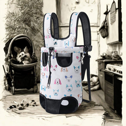 Un sac à dos blanc avec tête de chien dessinée dans une cuisine en noir et blanc