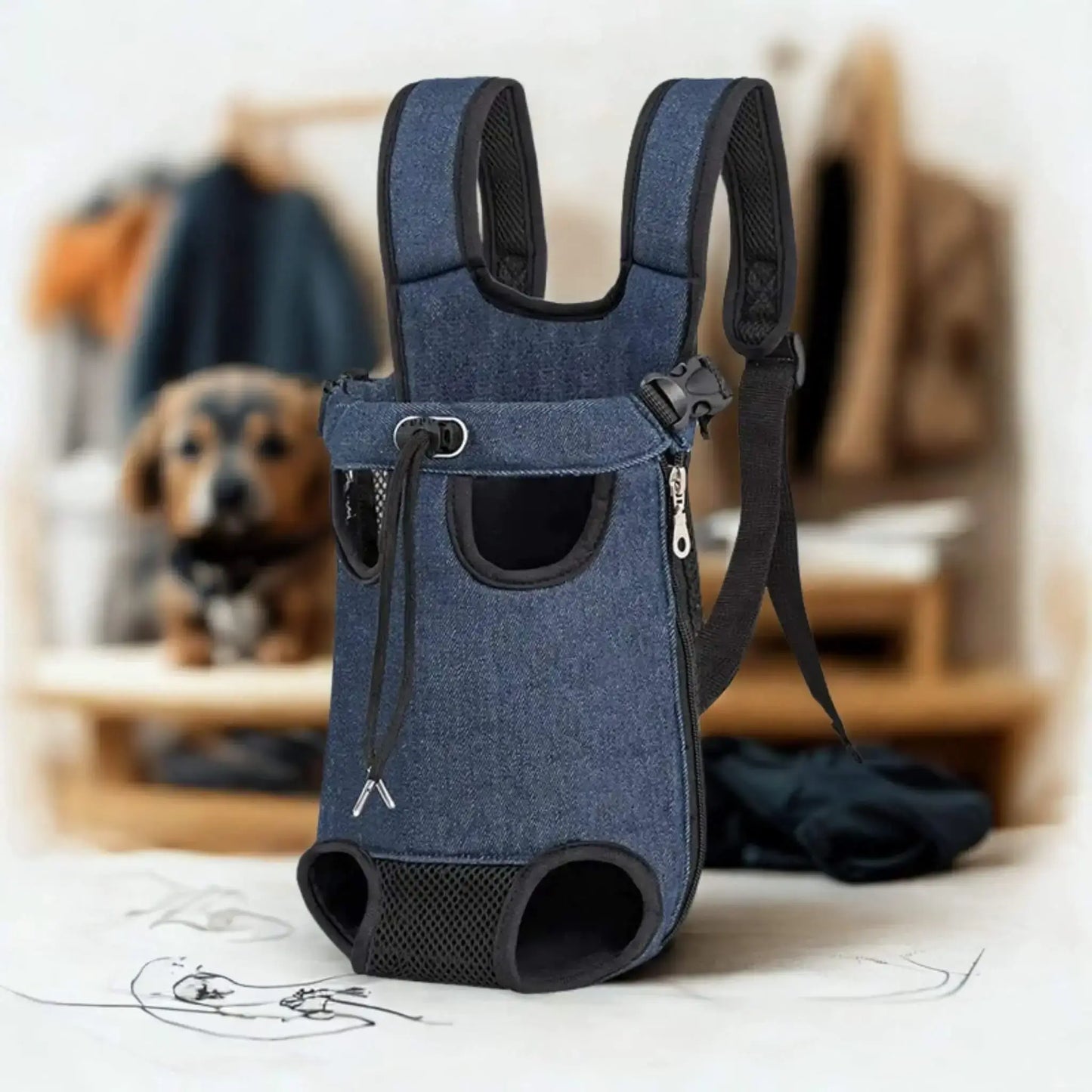 Un sac à dos pour chien bleu avec croquis de chien en arrière-plan.