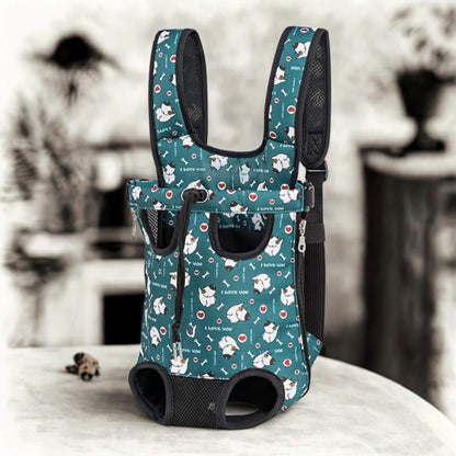 Un sac à dos vert pour chien orné d'un motif de chien, d'os et d'un écrit "I love you"