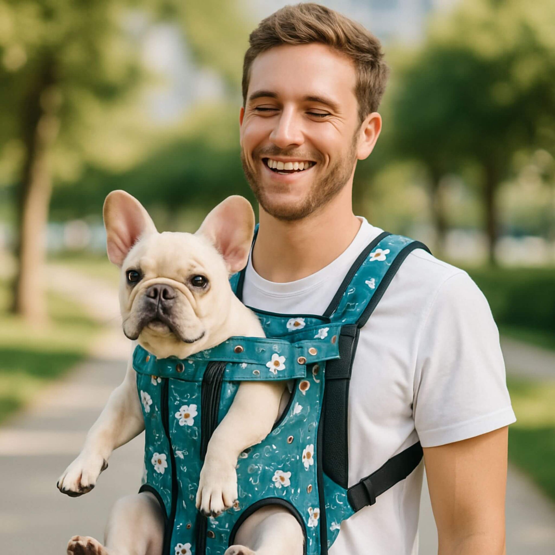 De face, on aperçoit un homme portant un sac à dos pour chien avec un bouledogue français à l'intérieur.