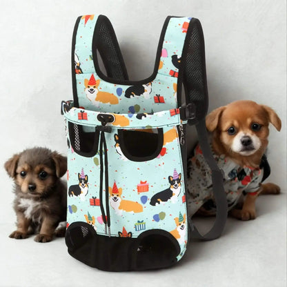Un sac à dos pour chien de couleur turquoise avec motif de corgi en fête.