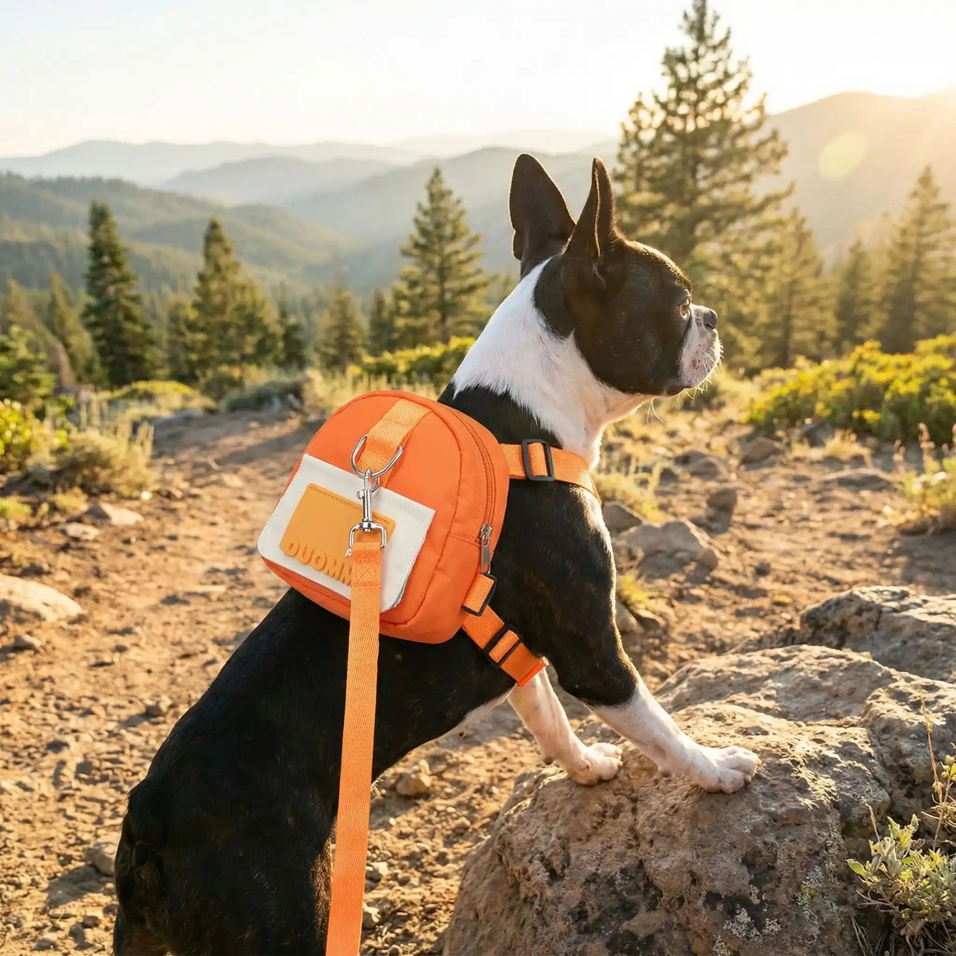Un Boston terrier regarde les montagnes en aventure avec son sac à dos pour chien orange.