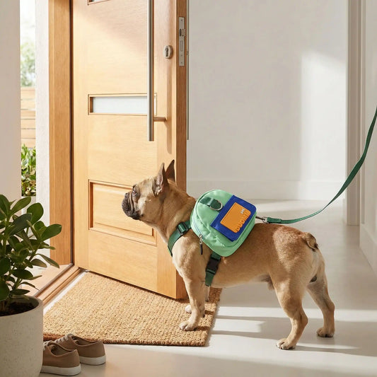 Un bouledogue français sur le portique prêt à partir avec son sac à dos pour chien vert.