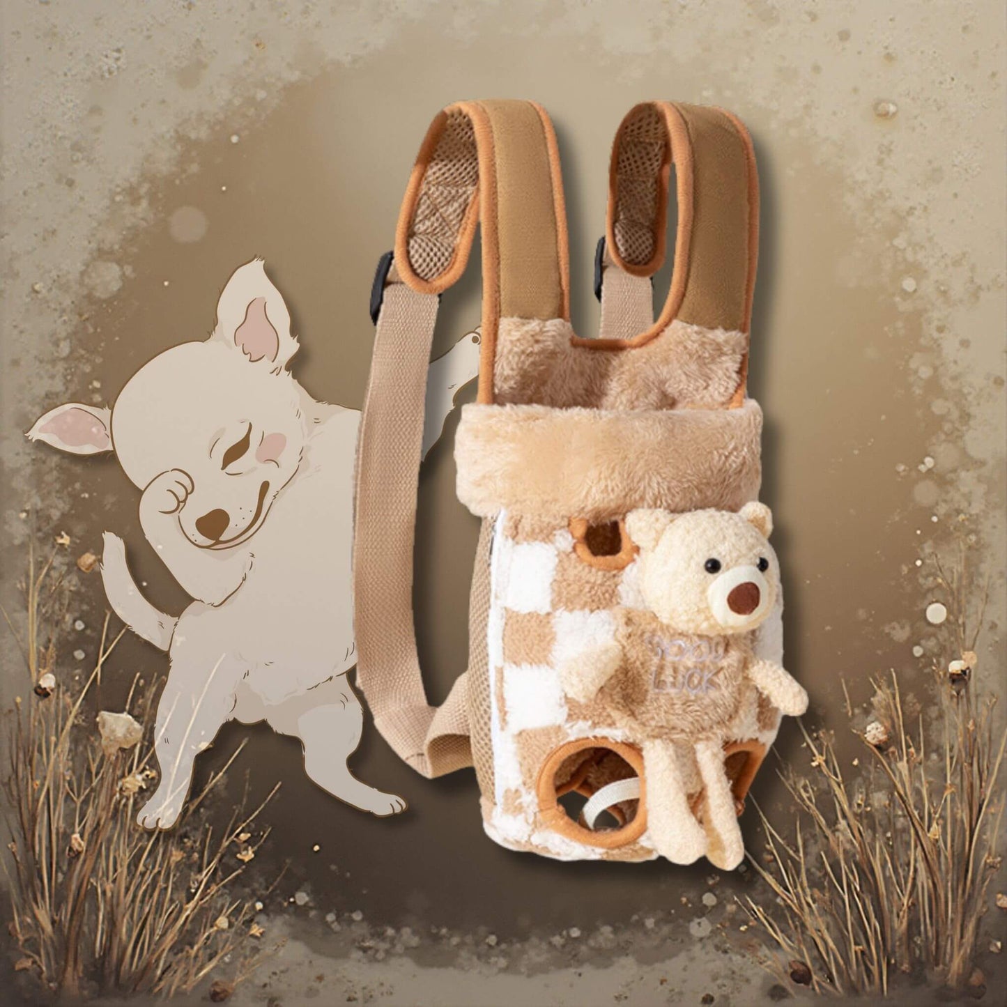 Le sac a dos pour chien avec un dessin d'un chien et une décoration de plantes séchées