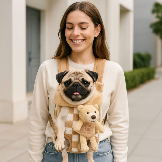 Femme souriante vue de face avec un pug dans son sac à dos pour chien beige avec un ourson attaché au sac 