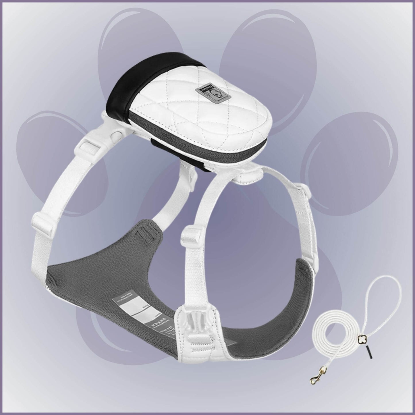 Sac A dos pour chien porté par le chien avec harnais intégré de couleur blanche avec laisse agencée