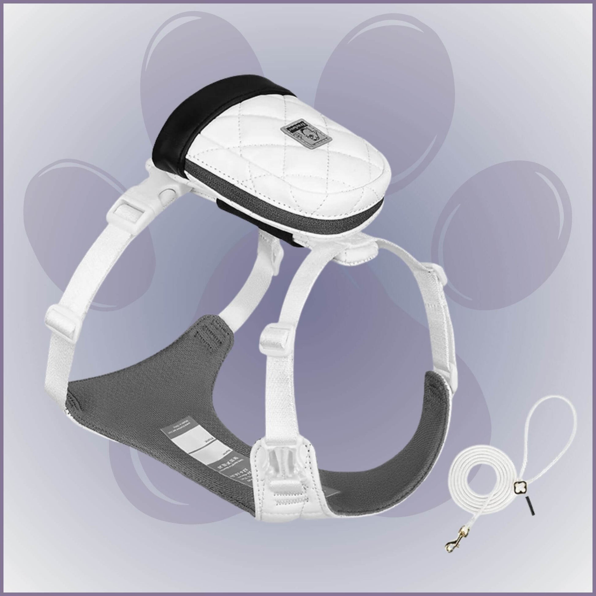 Sac A dos pour chien porté par le chien avec harnais intégré de couleur blanche avec laisse agencée