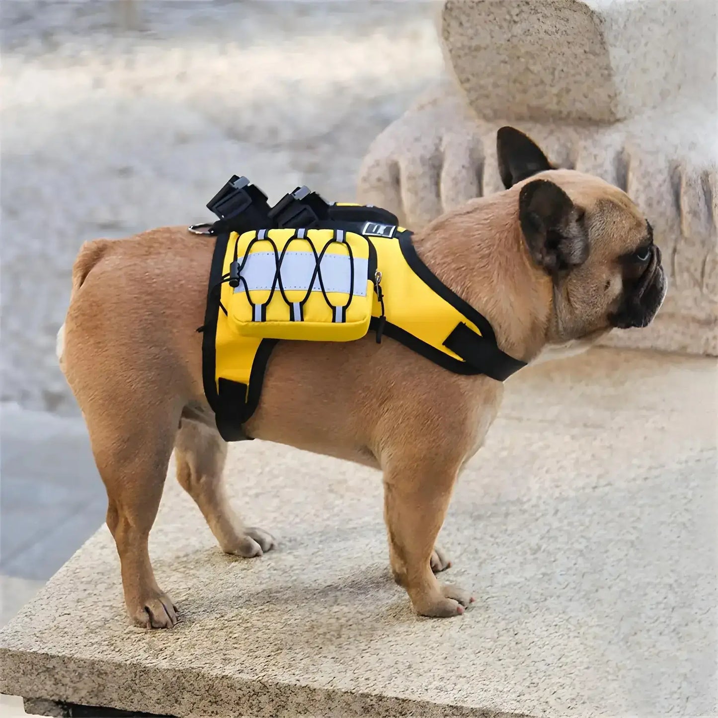 Un bouledogue français fauve porte un sac à dos pour chiens DogExplorer jaune.