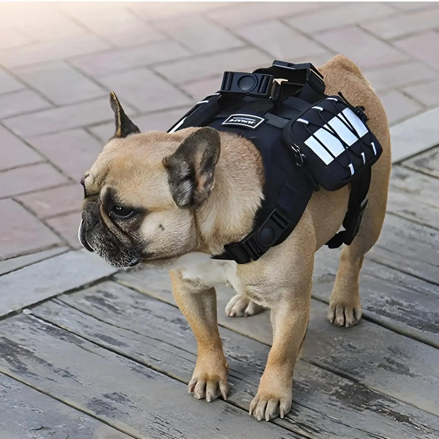 Un bouledogue français sur un trottoir porte un sac à dos pour chiens noir.