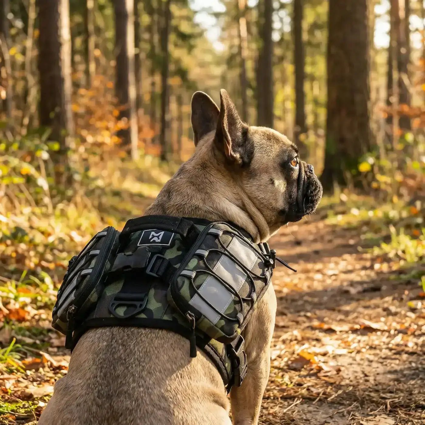 Vu de dos, un bouledogue français dans la foret porte le sac à dos pour chiens DogExplorer.
