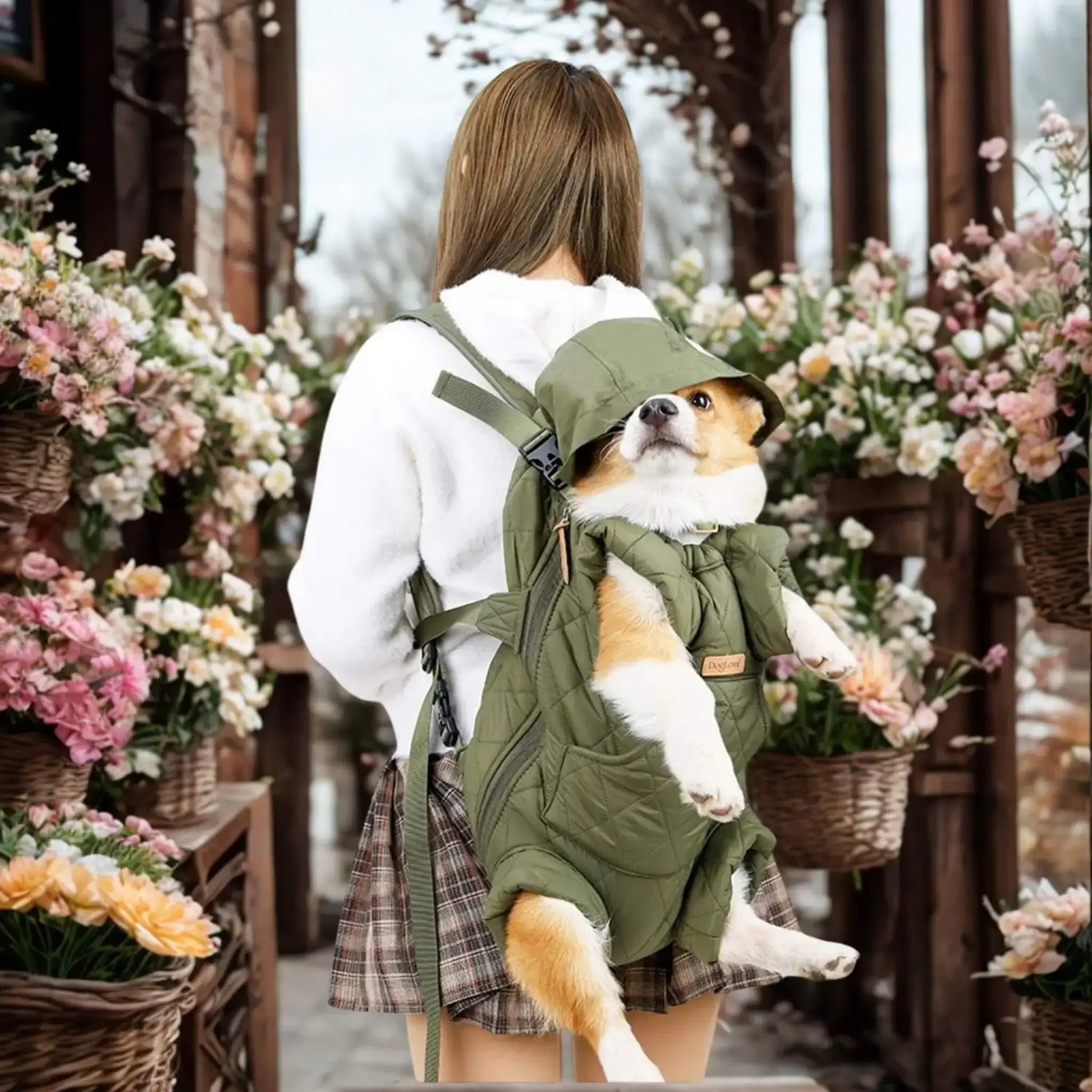 Vu de dos, dans un magasin de fleurs, une femme porte son corgi dans son sac à dos pour chien vert.