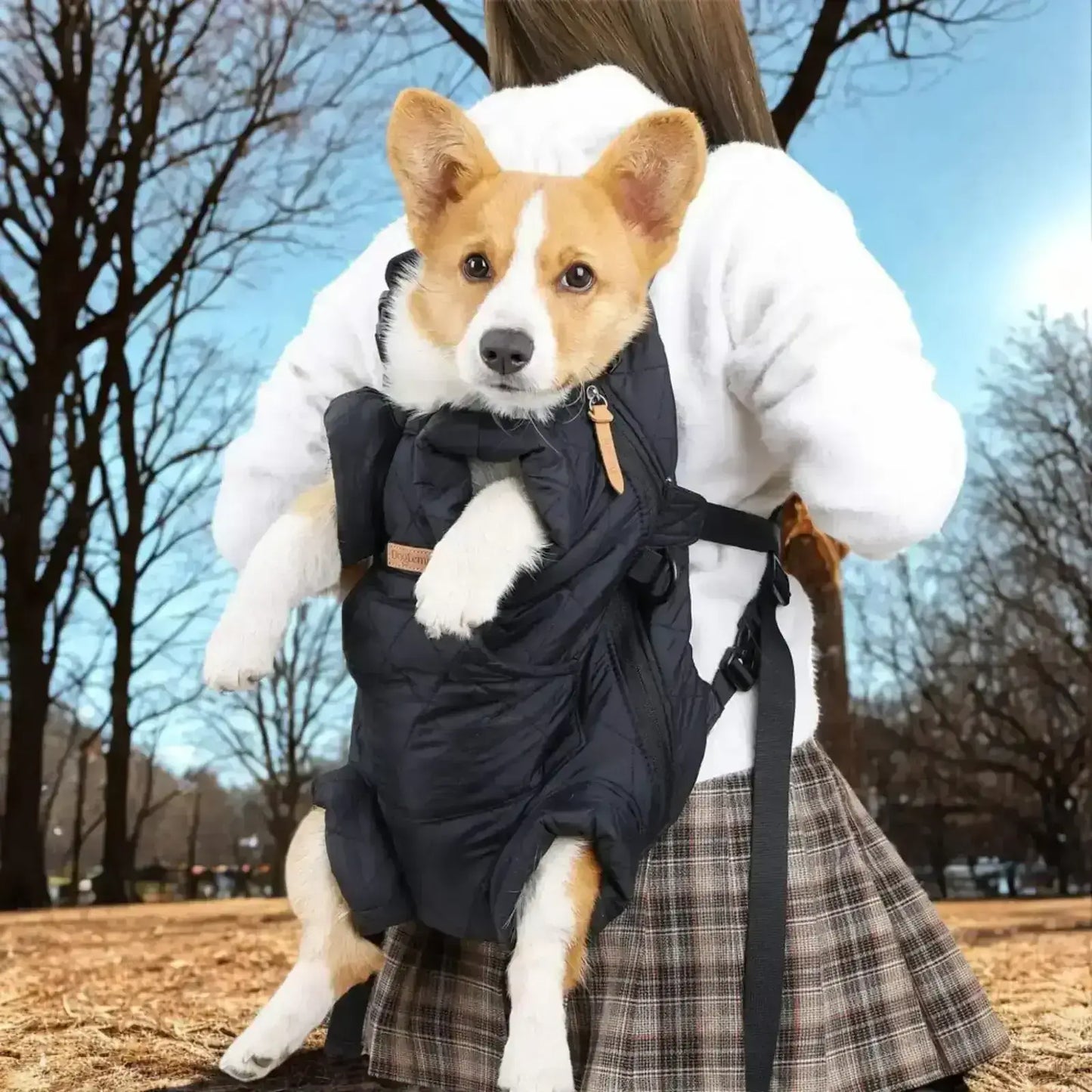 Vu de dos, une femme porte son corgi dans son sac à dos pour chien noir.