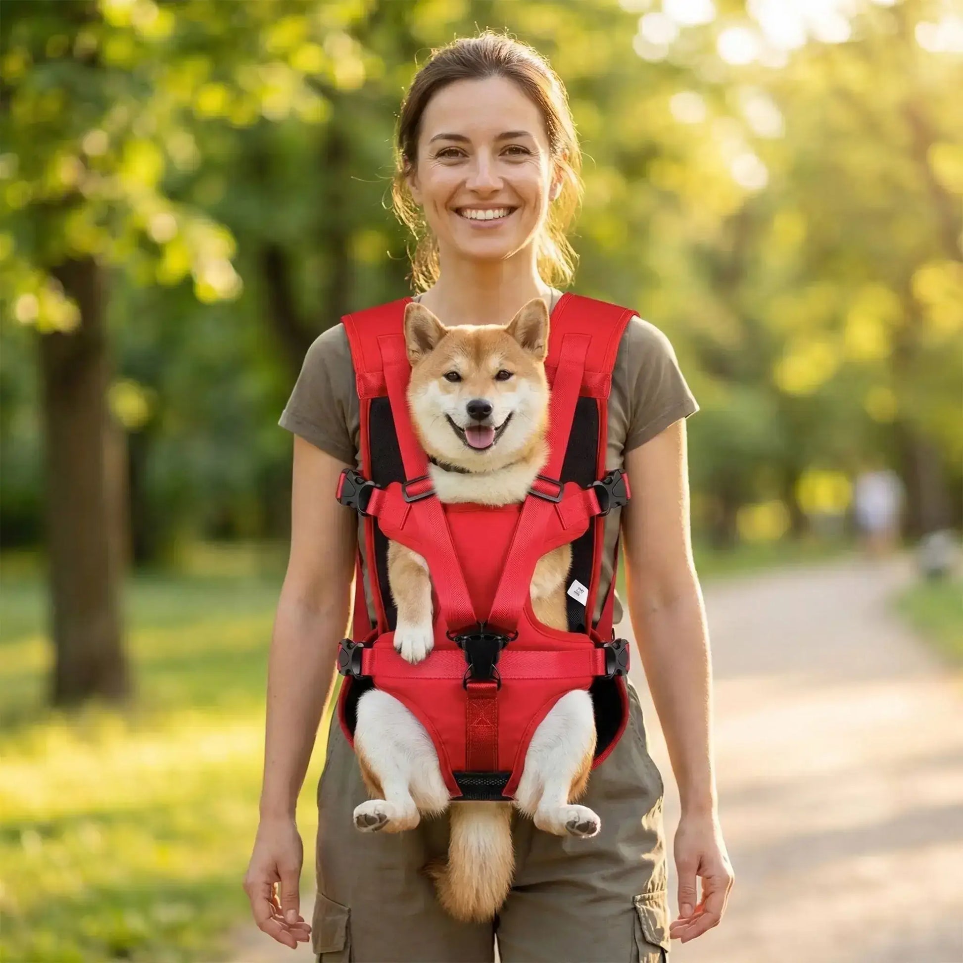 Une femme porte un shiba dans un sac à dos pour transporter un chien AmiLibre rouge.