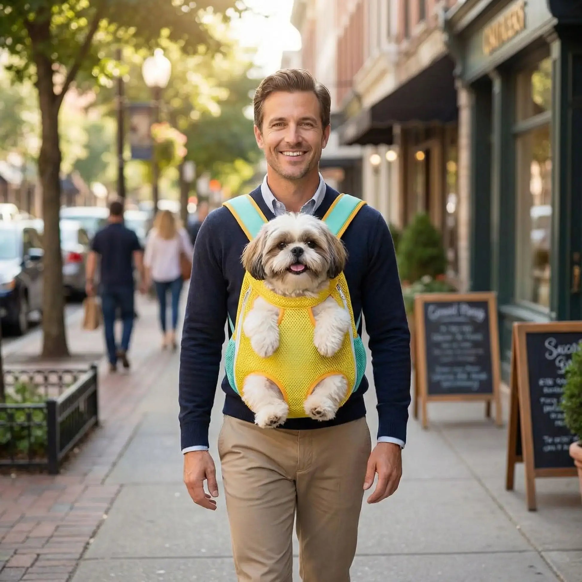 Un homme vu de face sur un trottoir en ville porte son shih tzu dans un sac à dos pour transporter un chien jaune.