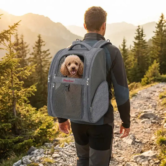 Un homme vu de dos en randonnée avec son caniche dans son sac à dos de randonnée pour chien gris.