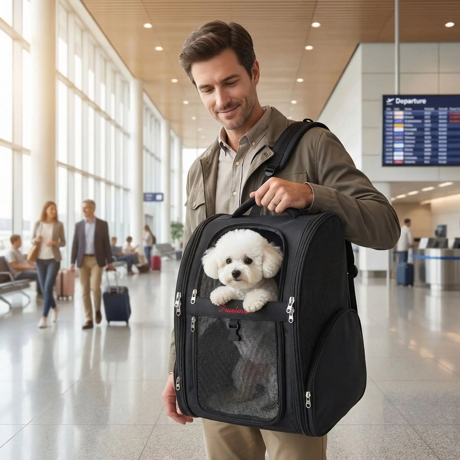 Un homme à l'aéroport avec son bichon frisé dans son sac à dos de randonnée pour chien noir.