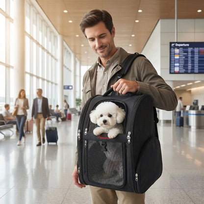 Un homme à l'aéroport avec son bichon frisé dans son sac à dos de randonnée pour chien noir.