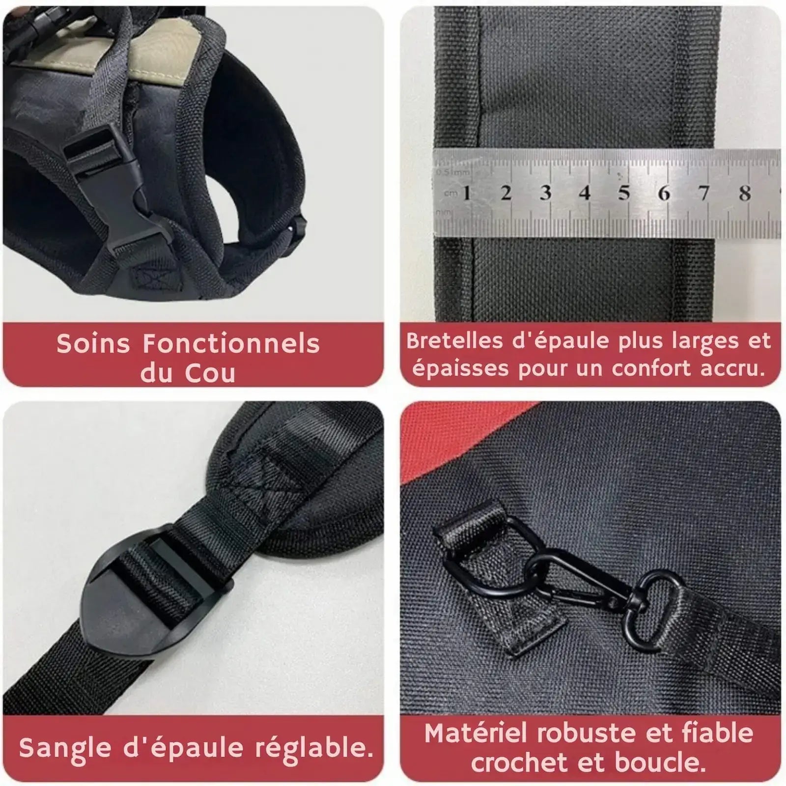 Détail du produit : soins fonctionnels du cou, bretelle d'épaule plus large, sangle réglable, matériaux robuste et fiable. 