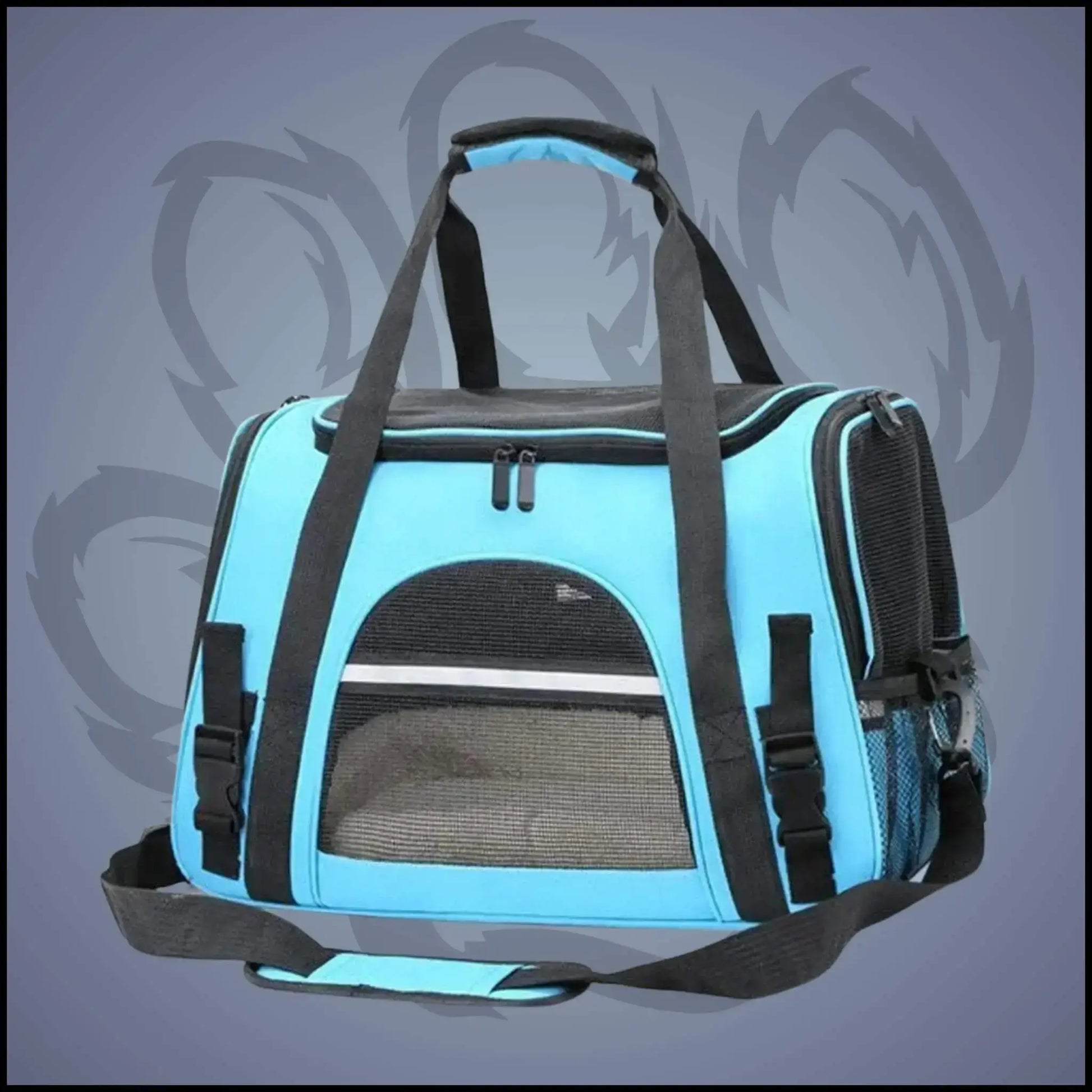 Un sac de transport pour chien de couleur bleue.