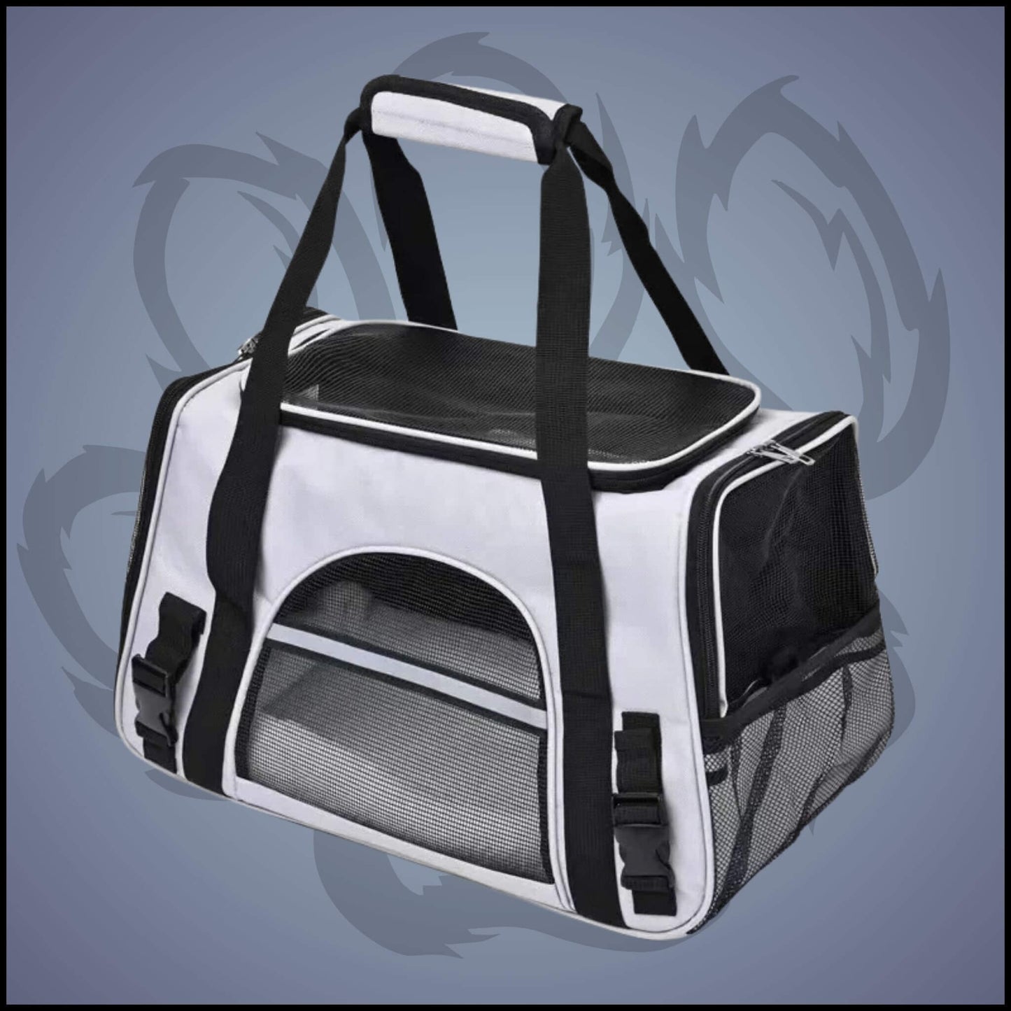 Un sac de transport pour chien de couleur gris et noir peut être porté à la main ou en bandoulière. 