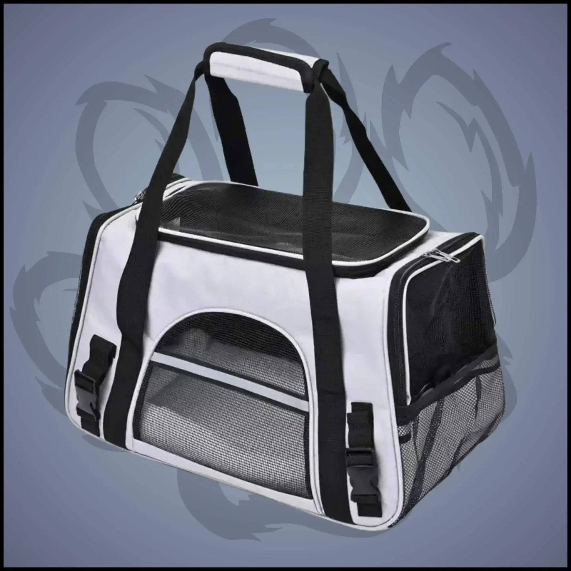 Un sac de transport pour chien de couleur gris et noir.
