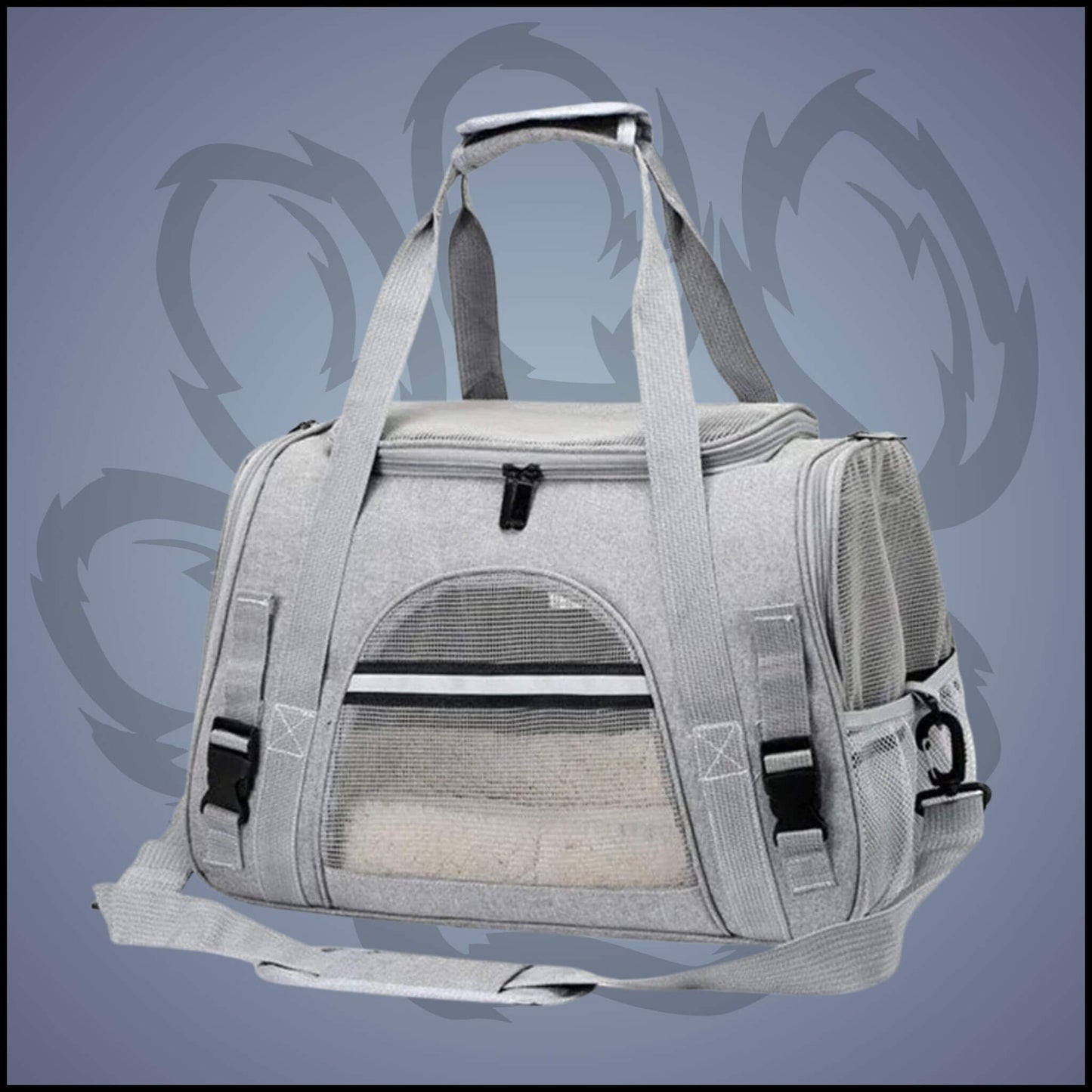 Un sac de transport pour chien de couleur gris peut être porté à la main ou en bandoulière. 