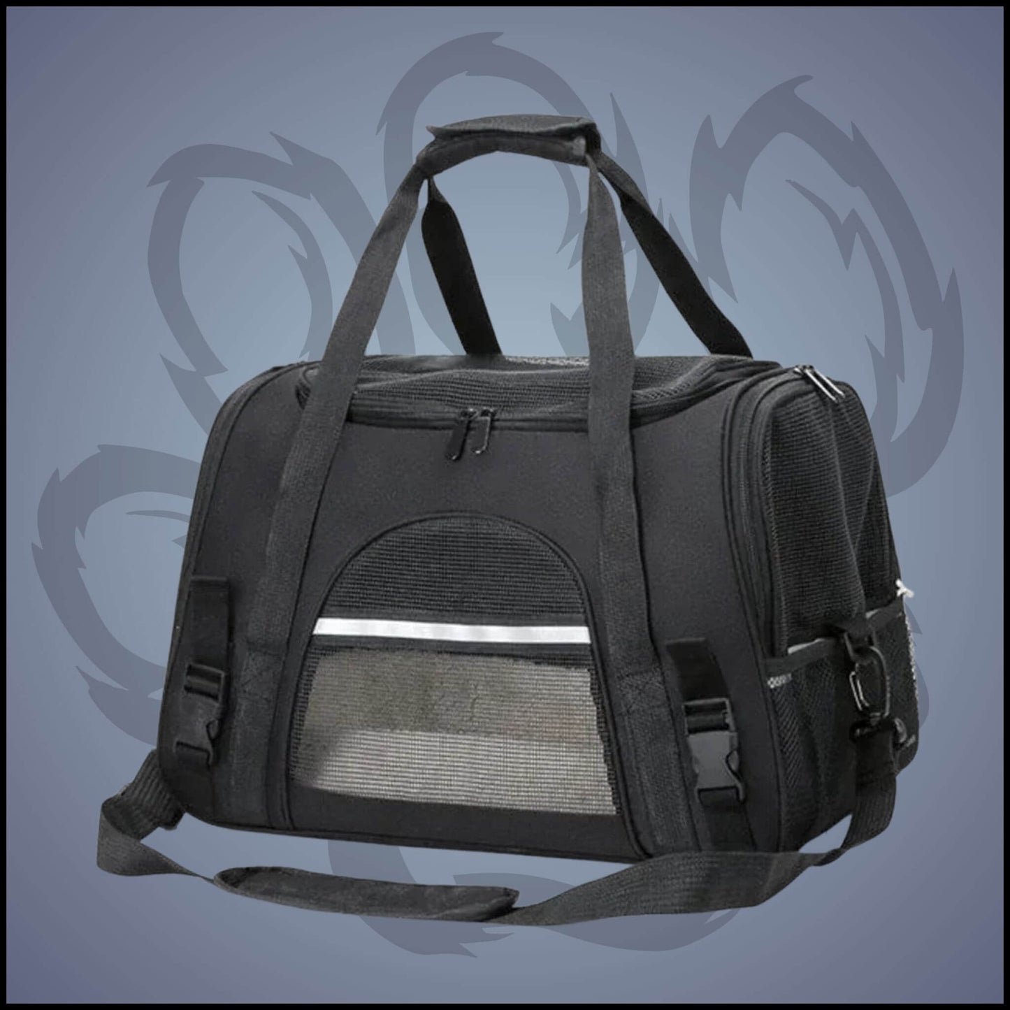 Un sac de transport noir pour chien peut être porté soit à la main, soit en bandoulière.