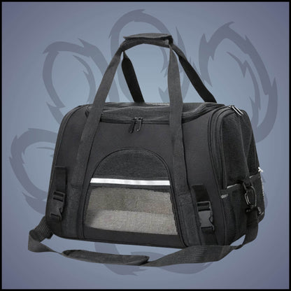 Un sac de transport noir pour chien peut être porté soit à la main, soit en bandoulière.