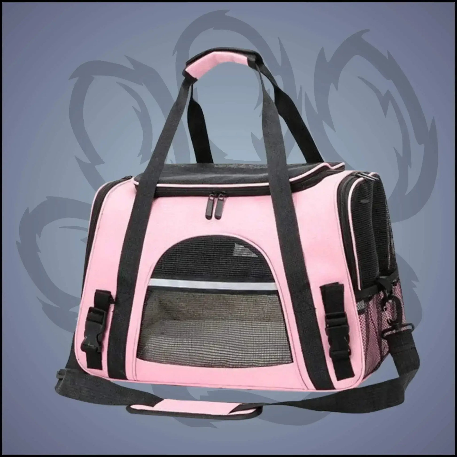 Un sac de transport pour chien de couleur rose.