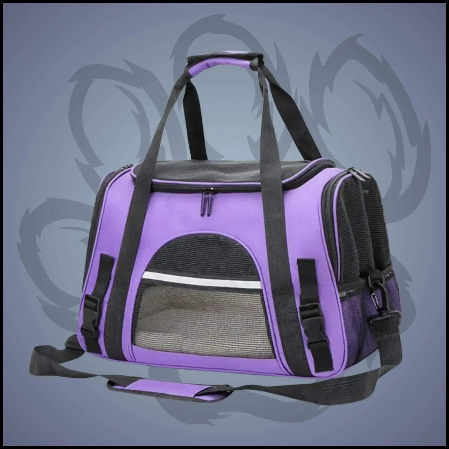 Un sac de transport pour chien de couleur violet.