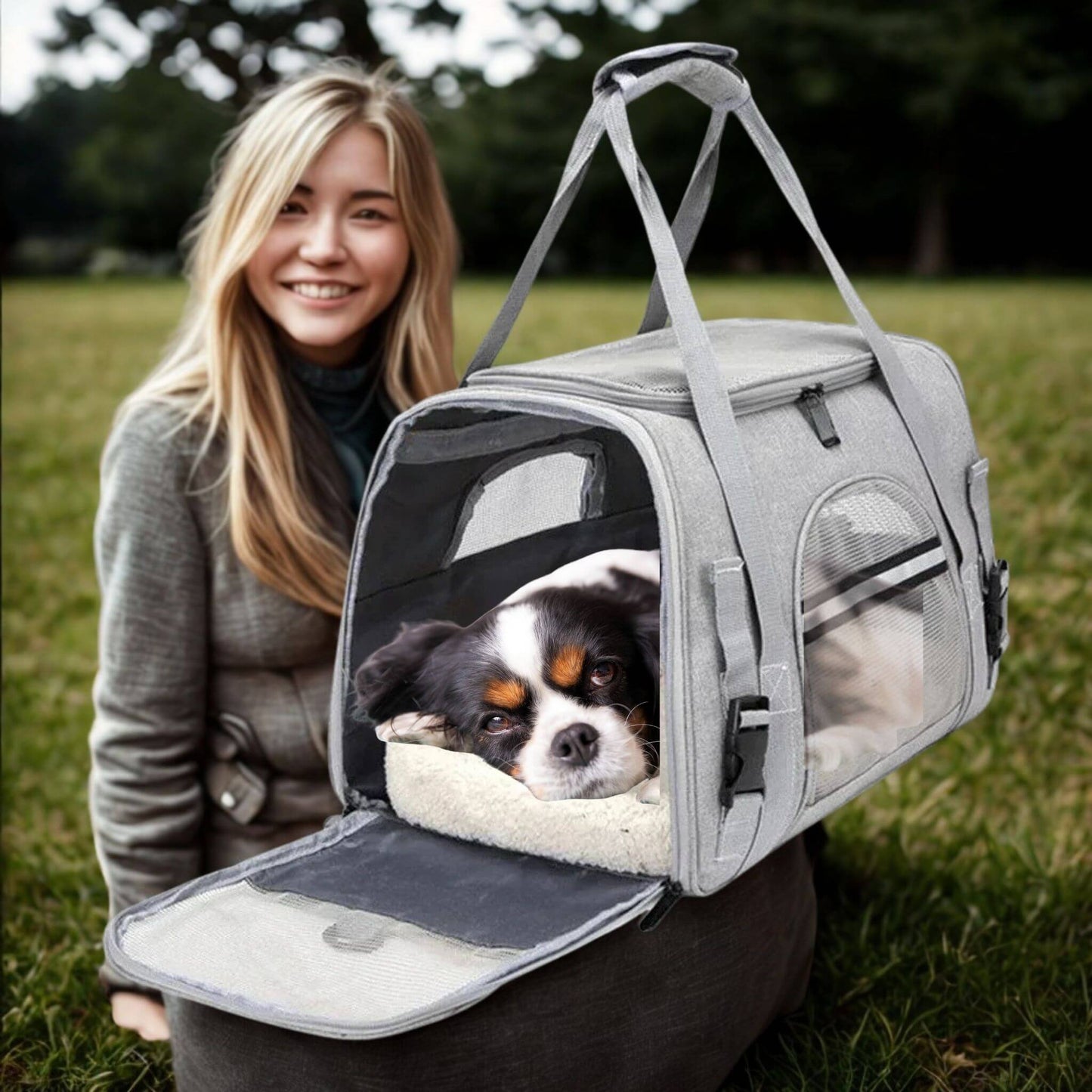 Une femme avec un sourire et un chien Cavalier Charles dans un sac de transport en plein air.