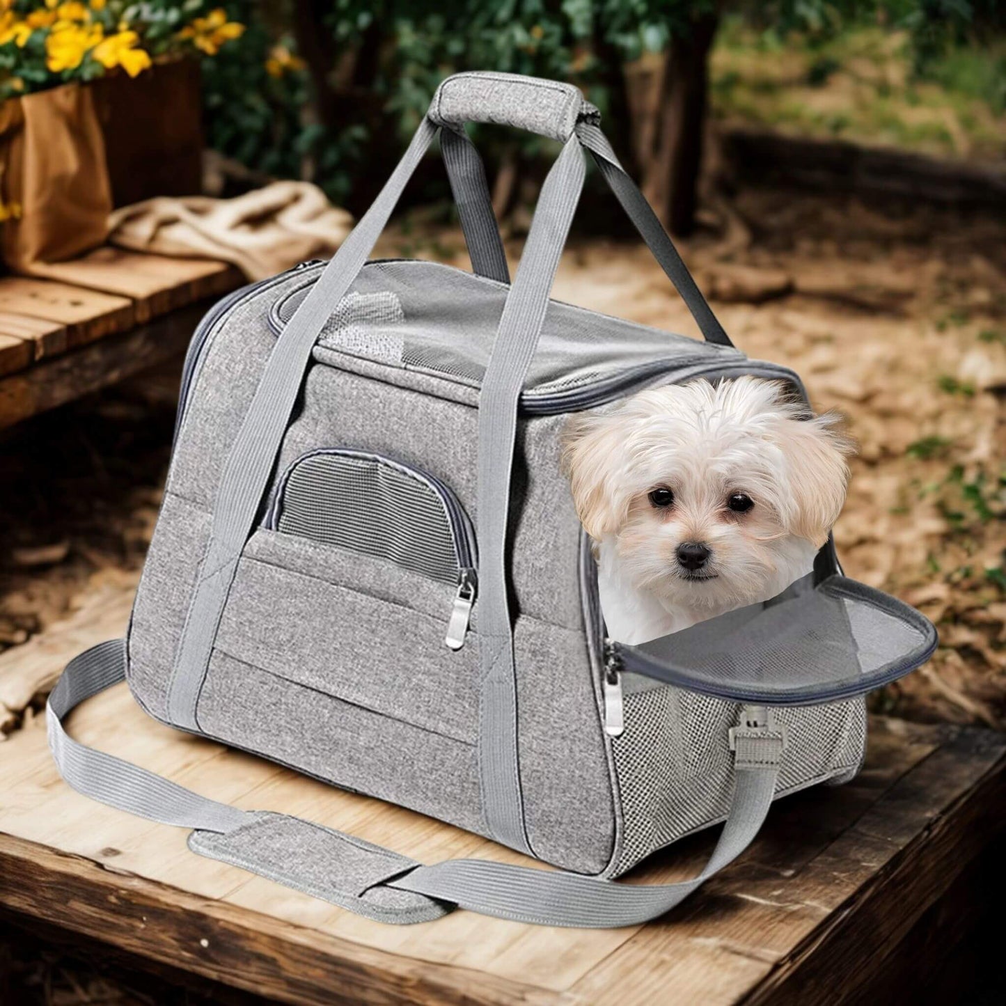 Un sac de transport contenant un bichon maltais est placé sur une table en bois à l'extérieur.