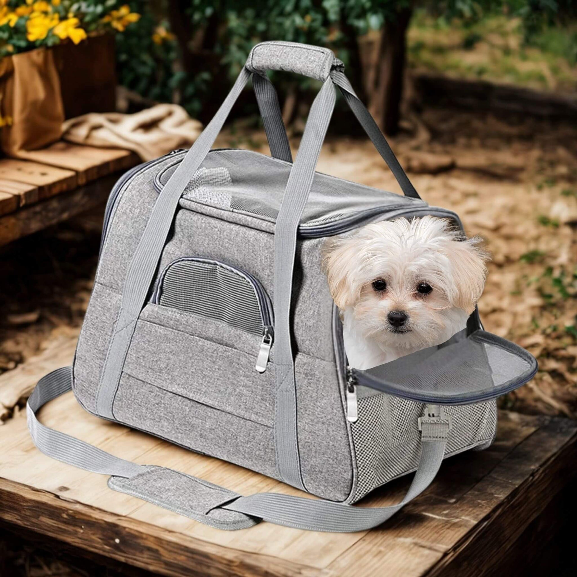 Un sac de transport contenant un bichon maltais est placé sur une table en bois à l'extérieur.