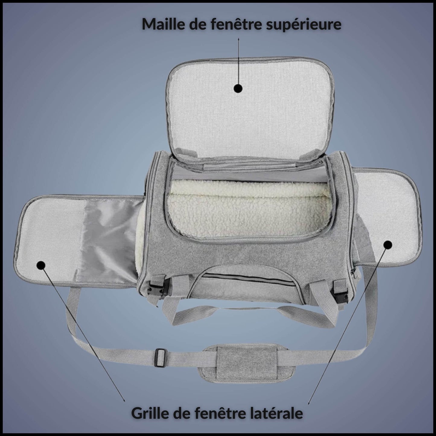 Illustration du sac de transport ouvert, ouverture de la fenêtre supérieure, grille de la fenêtre latérale.
