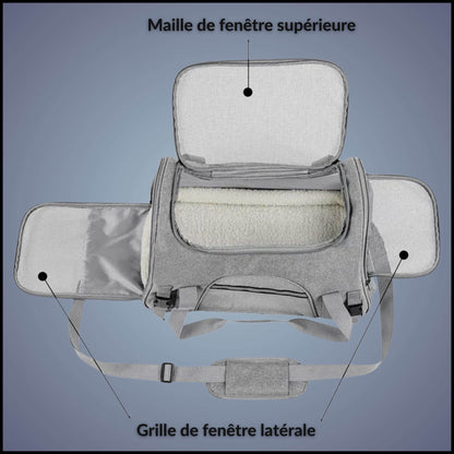Illustration du sac de transport ouvert, ouverture de la fenêtre supérieure, grille de la fenêtre latérale.