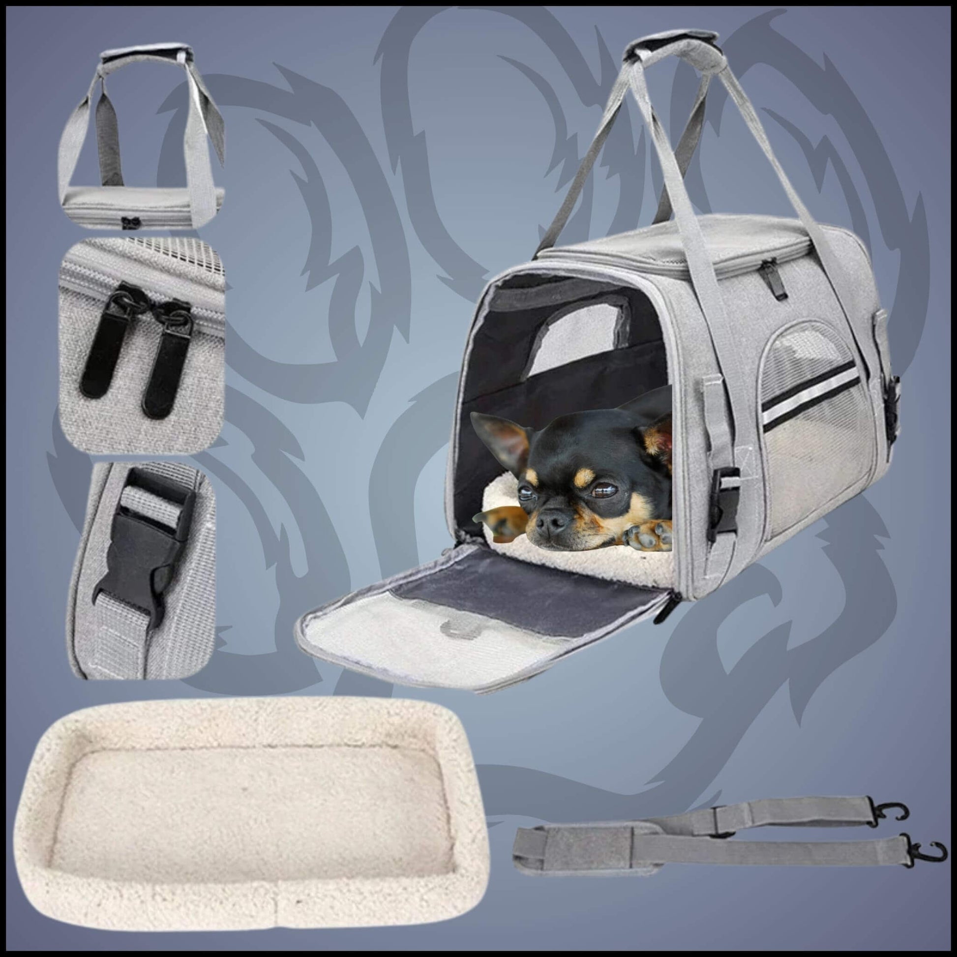 Chihuahua dans un sac de transport ouvert avec un coussin blanc douillet