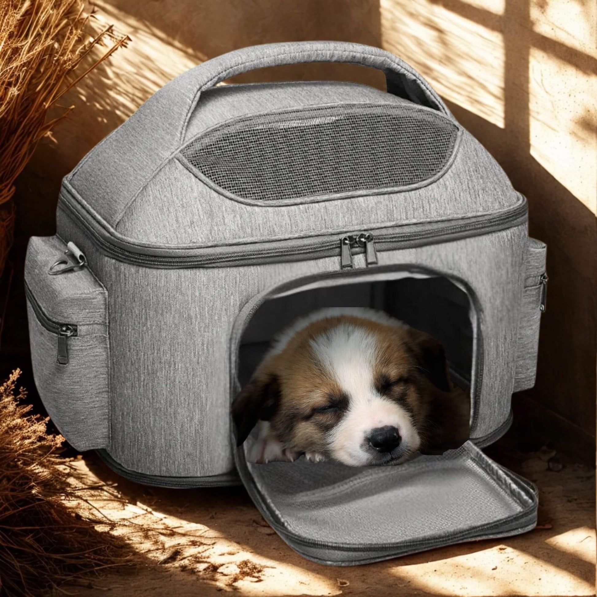 Un sac de transport adapté aux chiens et aux chiots, avec une porte avant ouverte et une plante sèche en décoration.
