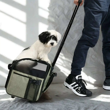 Un homme traine un sac de transport pour petit chien avec un chien blanc et noir dans le chariot. 