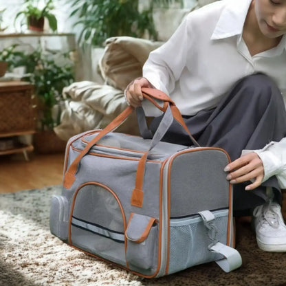 Une femme dans un salon avec son sac de transport pour chien gris.