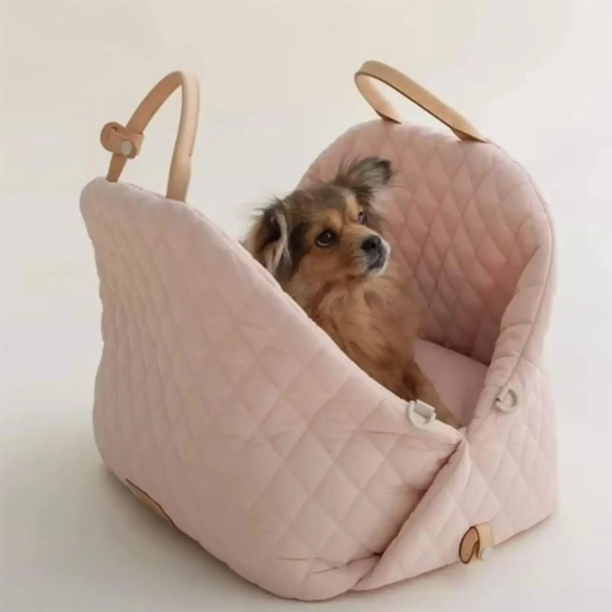 Un sac de transport pour chien de couleur rose avec un chihuahua à l'intérieur.
