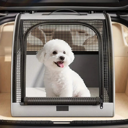 Un bichon frisé assis dans son sac de transport pour voiture pour chien dans le coffre gris.