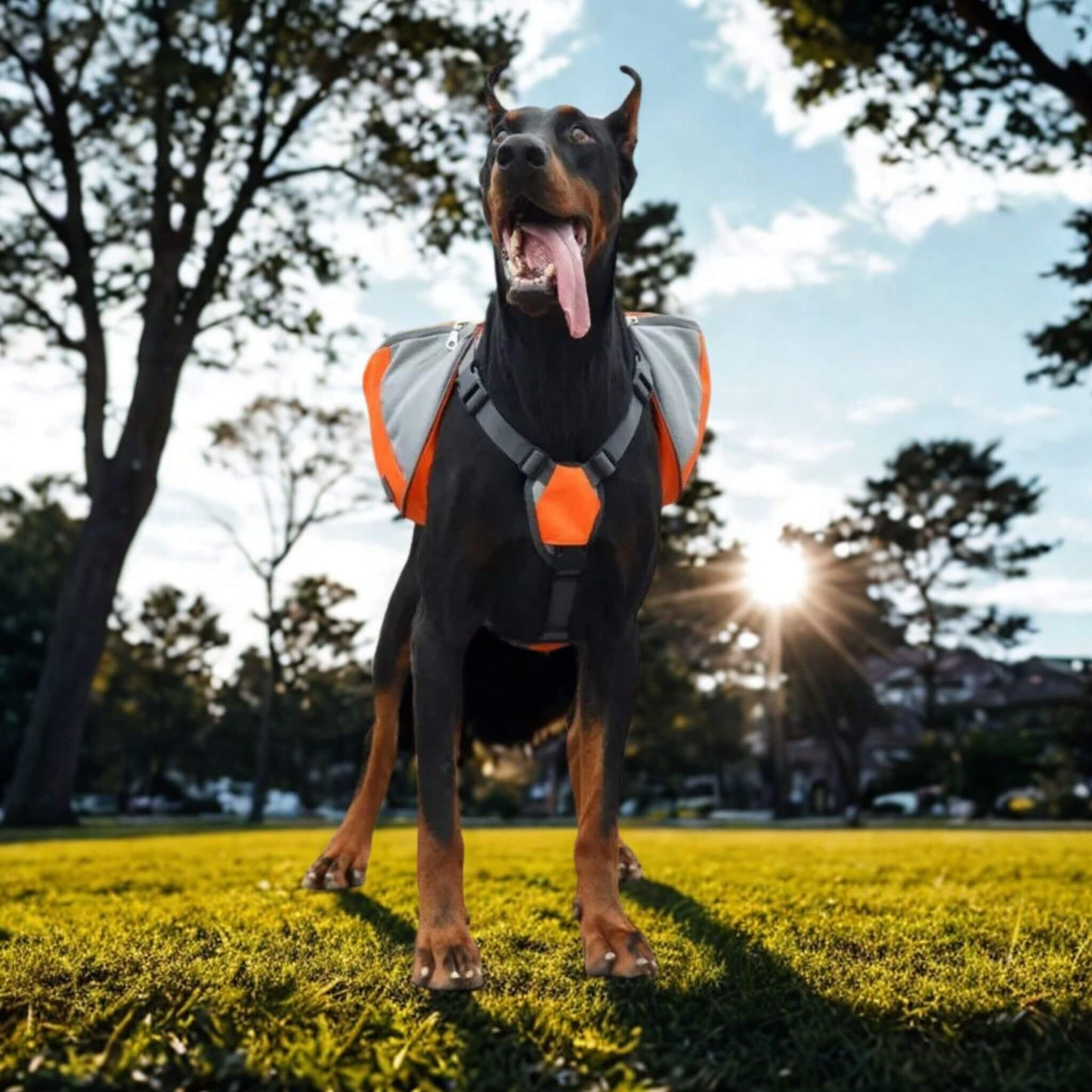 Un Dobermann avec son sac à dos pour chien avec harnais intégré un jour ensoleillé.