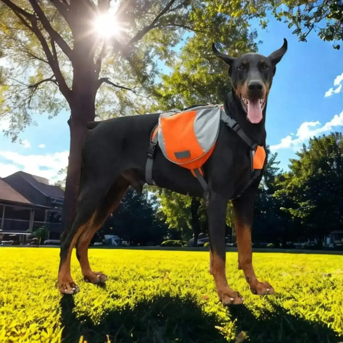 Un doberman dans une arrière-cour porte un sac à dos pour chien de couleur orange et gris