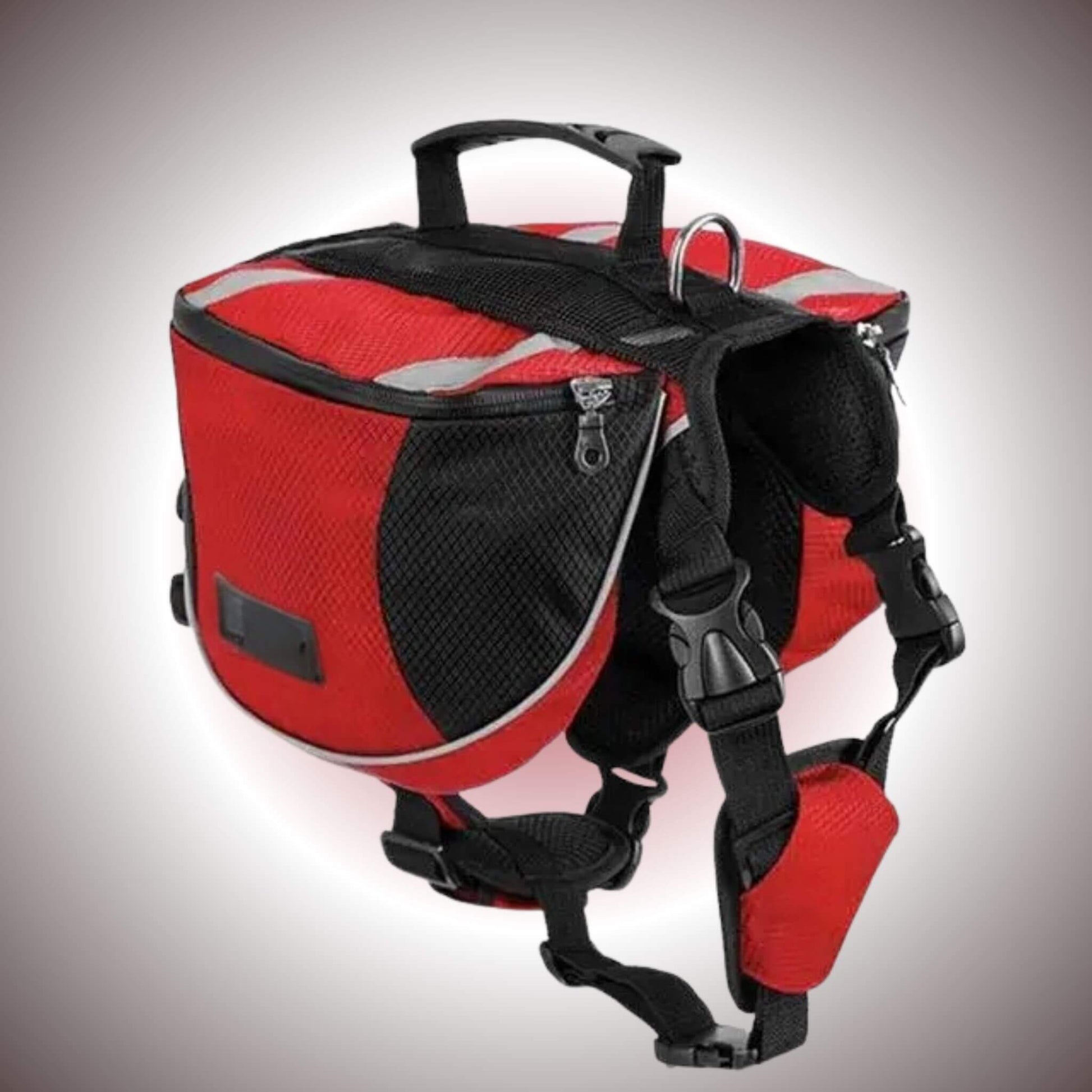 Un sac à dos pour chien de couleur rouge avec harnais intégré qui se porte par un chien.