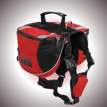 Un sac à dos pour chien de couleur rouge avec harnais intégré qui se porte par un chien.