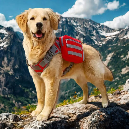 Un golden retriever dans les montagnes porte un sac pour chien de couleur rouge.