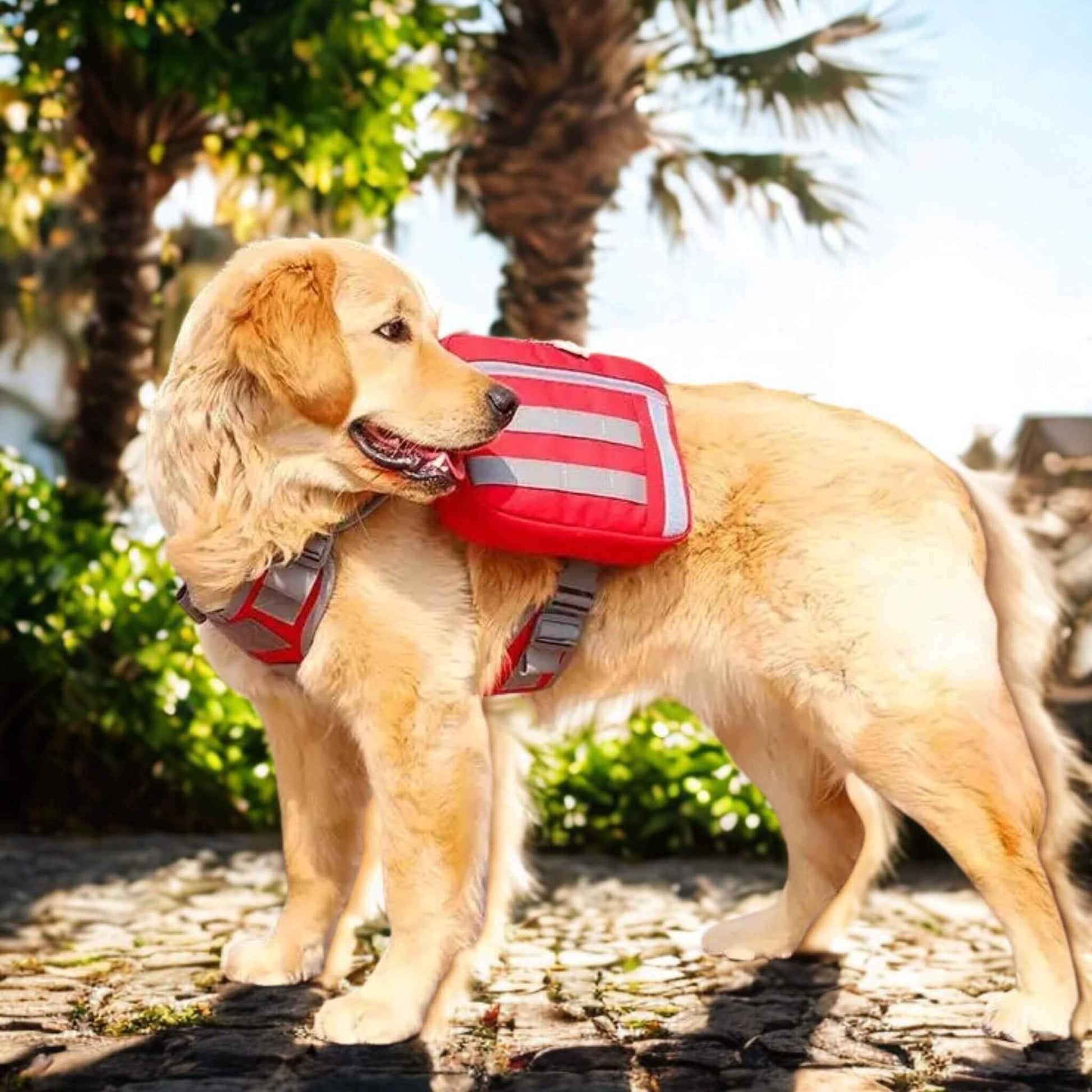 Golden retriever avec son sac pour chien de couleur rouge un jour ensoleillé sur un chemin de pierre