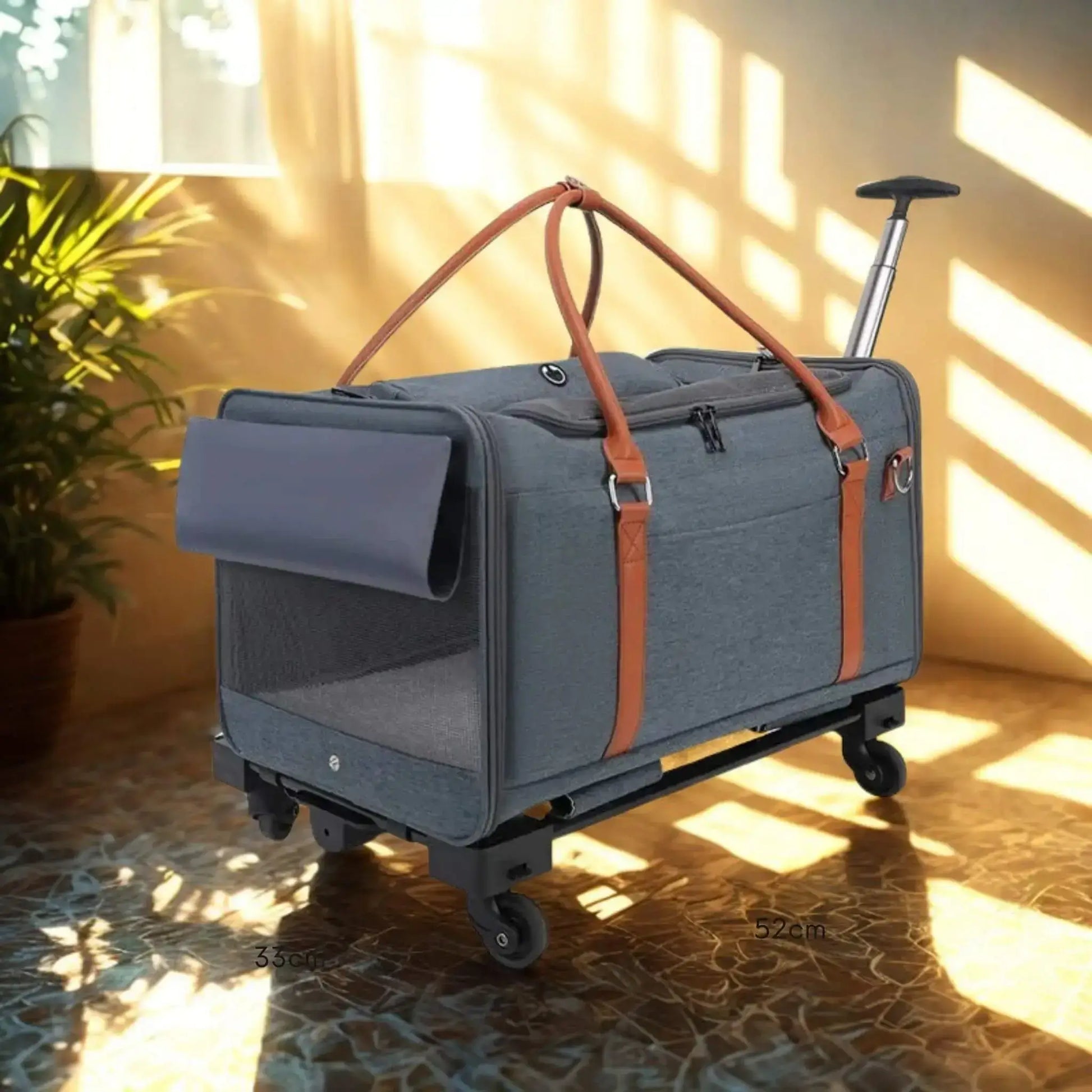Un sac pour transport de chien de couleur bleue.